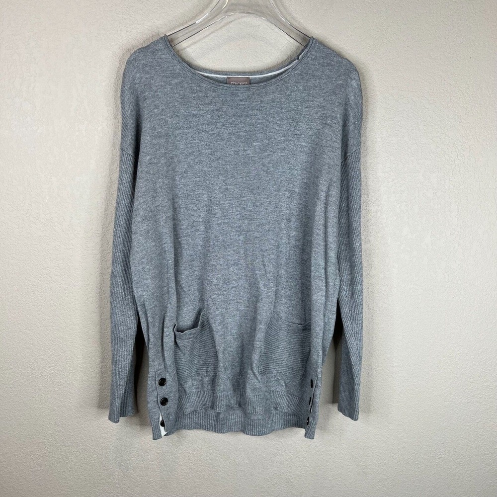 Chico's Womens Sweater Size 1 Gray Pullover Side Button Long Sleeve Knit Pockets